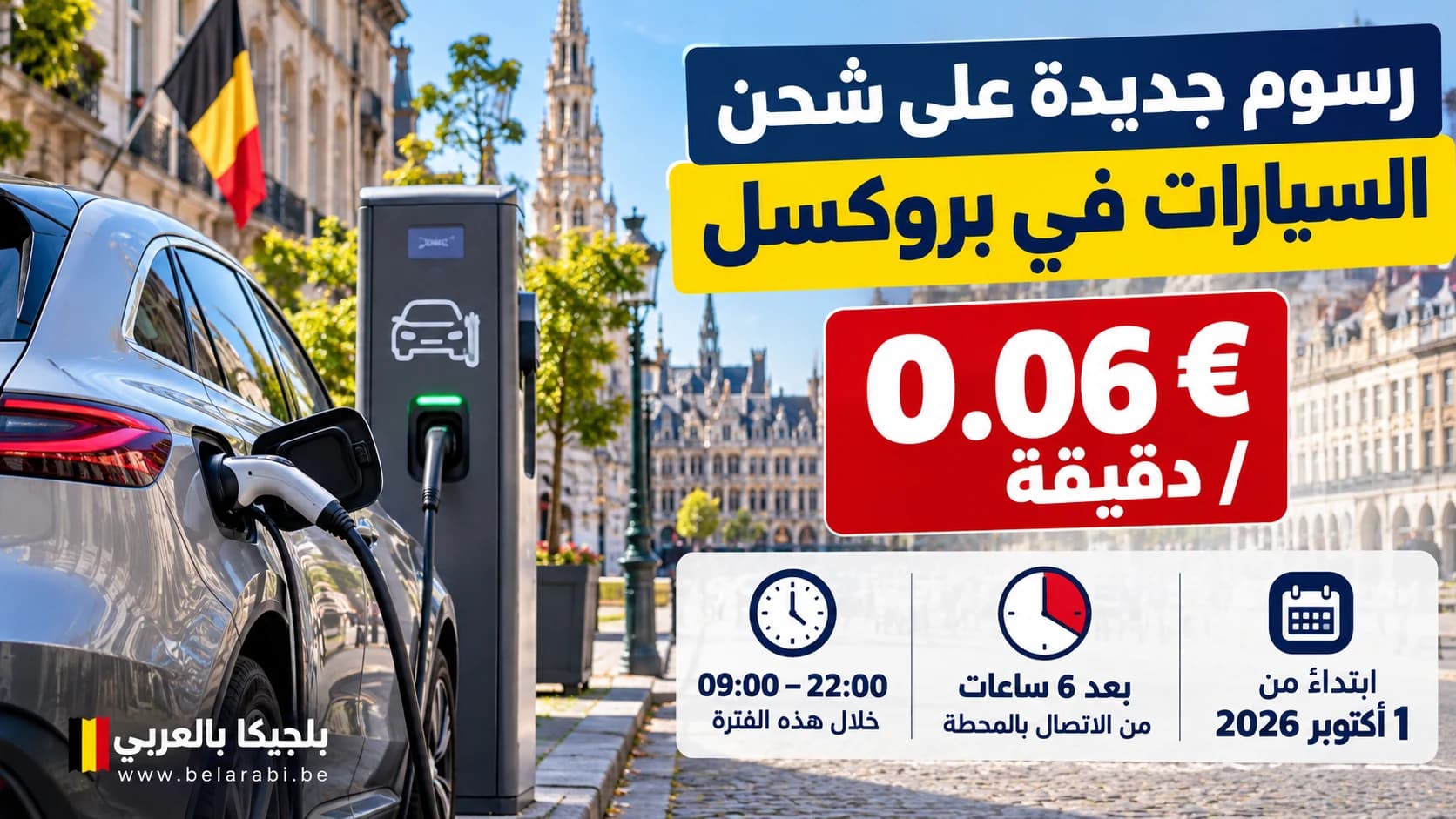 سيارة كهربائية في محطة شحن عامة في بروكسل مع تطبيق رسم 0.06 يورو للدقيقة ابتداءً من 1 أكتوبر 2026