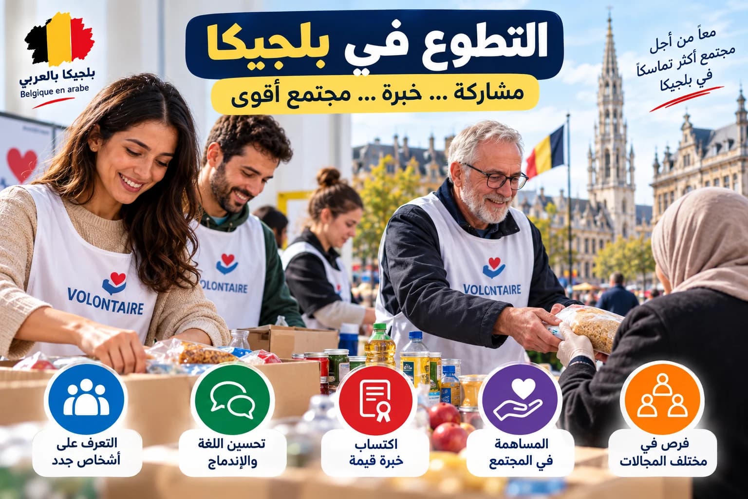 متطوعون من أعمار مختلفة يشاركون في نشاط لجمعية في بلجيكا في صورة ترمز إلى التطوع والاندماج والمشاركة المجتمعية