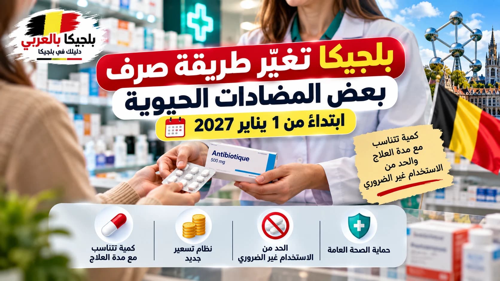 مضادات حيوية وأدوية على طاولة داخل صيدلية في بلجيكا