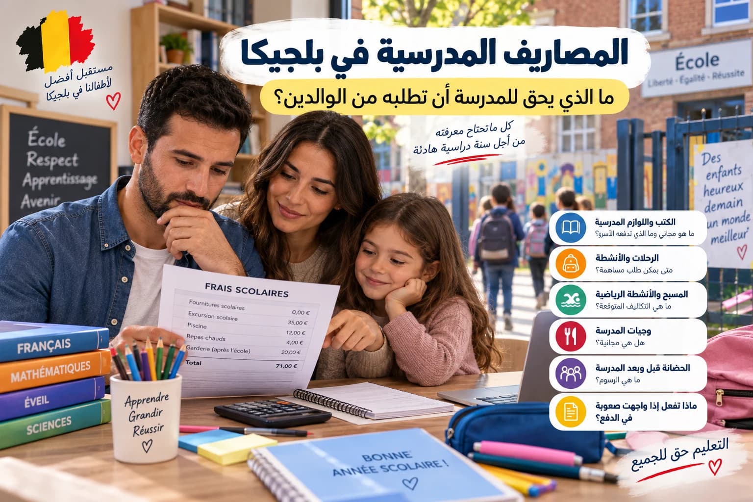 والدان يراجعان لائحة اللوازم والمصاريف المدرسية لطفلهما في بلجيكا