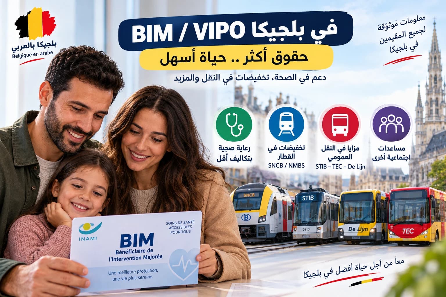 أسرة في بلجيكا مع رموز للرعاية الصحية والقطار والنقل العمومي في صورة توضح شروط ومزايا BIM أو Intervention Majorée
