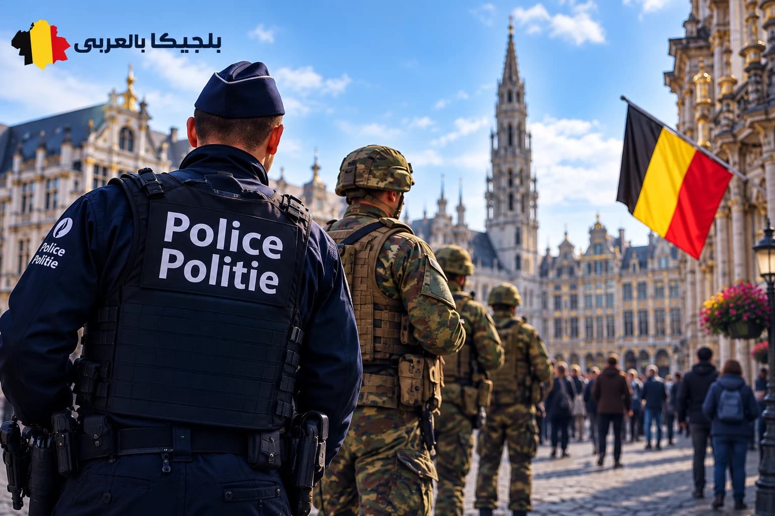 عناصر من الشرطة والجيش البلجيكي في بروكسل في إطار دعم وزارة الدفاع للشرطة