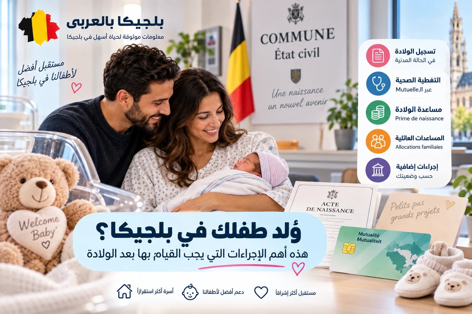 أسرة مع مولود جديد في بلجيكا في صورة ترمز إلى إجراءات تسجيل الطفل والمساعدات العائلية بعد الولادة