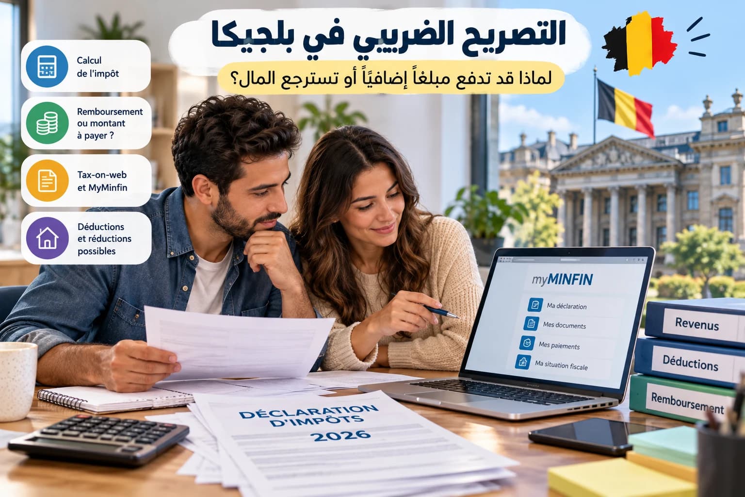 شخص يراجع تصريحه الضريبي عبر الحاسوب في بلجيكا في صورة ترمز إلى الضرائب وMyMinfin واسترجاع الضريبة
