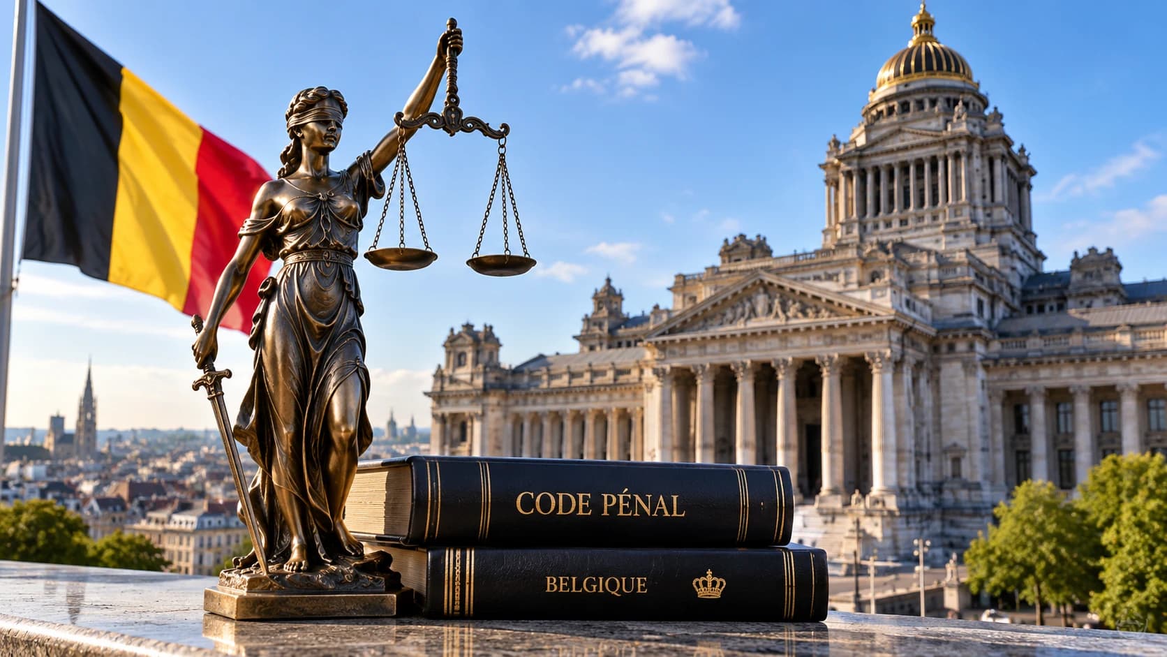 تمثال العدالة والعلم البلجيكي أمام قصر العدل في بروكسل، في صورة ترمز إلى القانون الجنائي الجديد في بلجيكا
